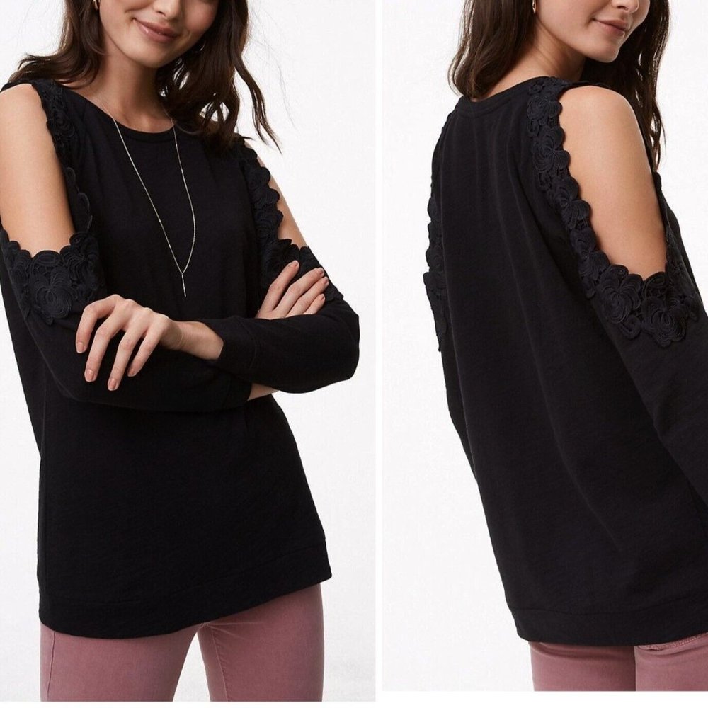 Loft M Women's Black Floral Lace Cold Shoulder Sweatshirt Top Long Sleeve‎